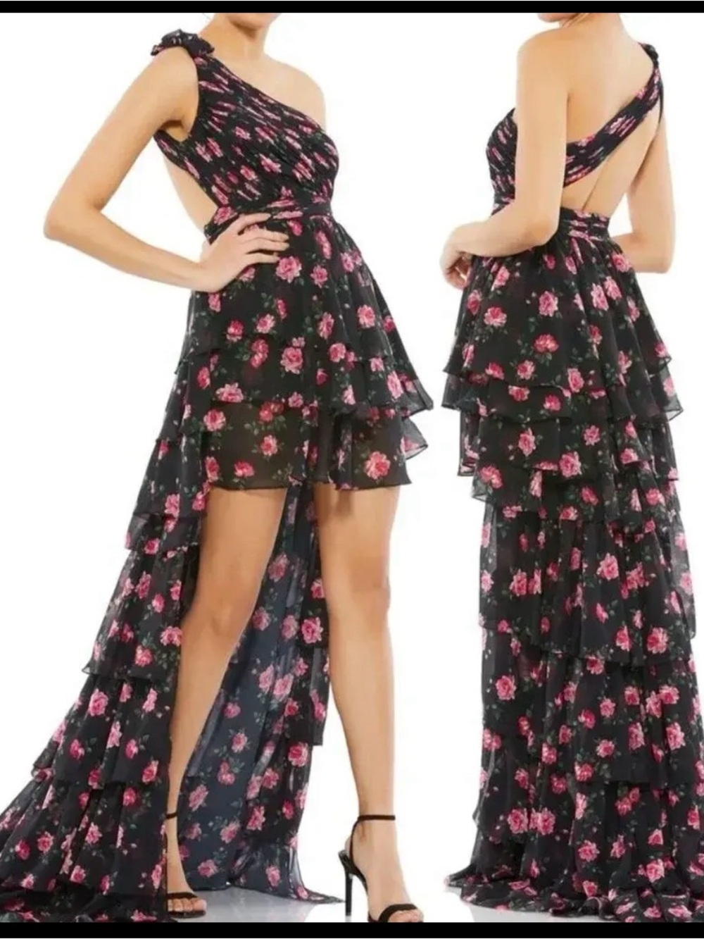 Mac Duggal Black and Pink Floral One-Shoulder High-Low Ruffle Dress Style #70246
